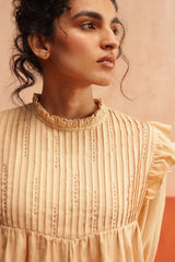 Emily Pleated Ruffle Blouse (Beige)
